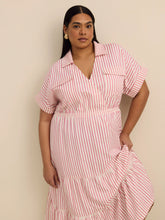 Pink Midi Tiered Utility Shirt Dress – Women's Casual Button-Down Dress