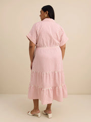 Pink Midi Tiered Utility Shirt Dress – Women's Casual Button-Down Dress
