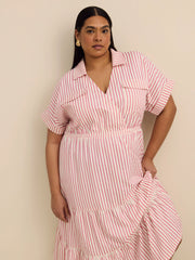 Pink Midi Tiered Utility Shirt Dress – Women's Casual Button-Down Dress